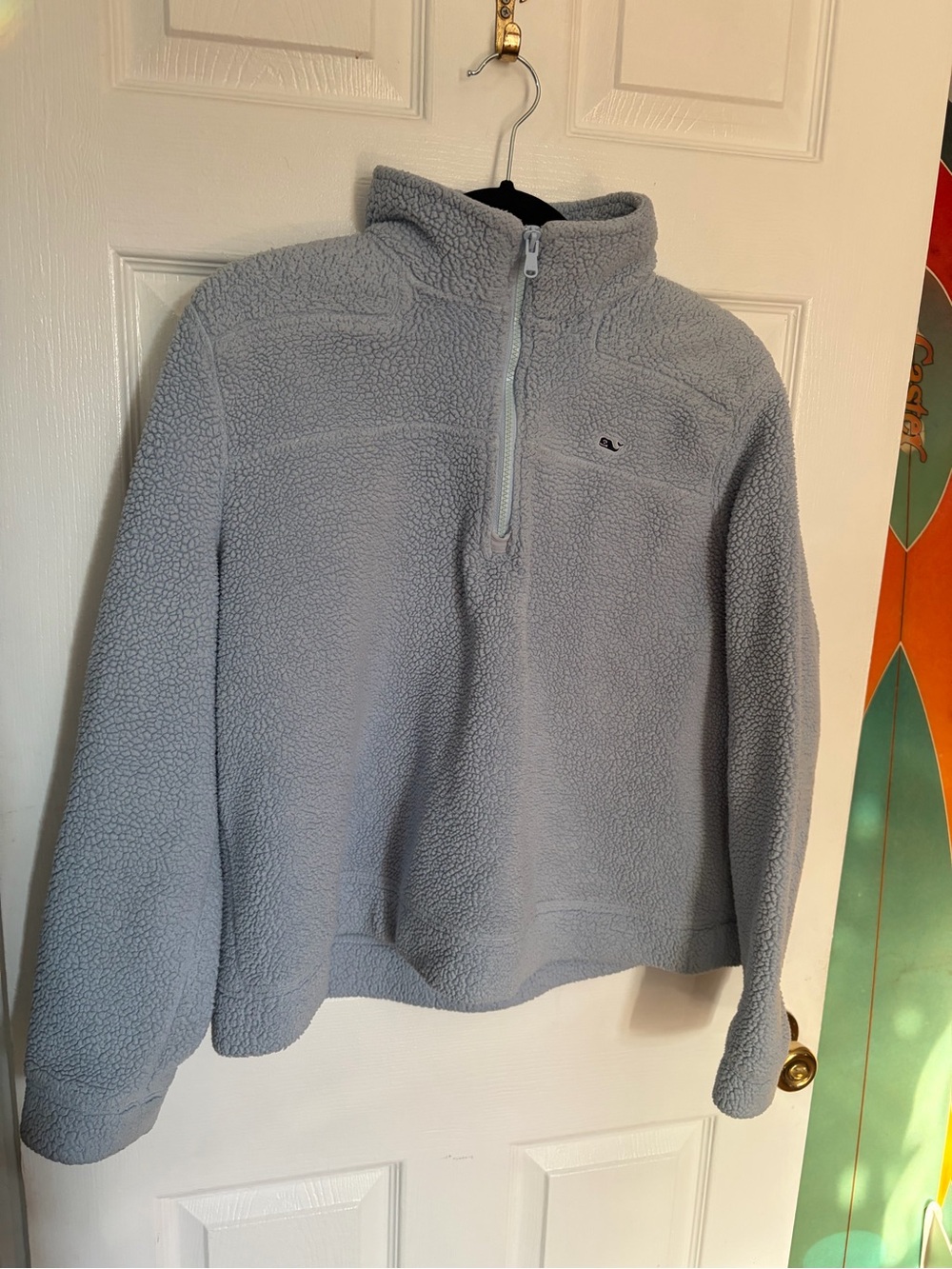 Vineyard Vines Pale Blue Sherpa Zip Pullover with Pink Whale Logo